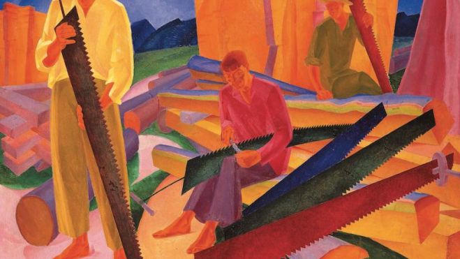 Oleksandr Bohomazov (1880-1930), Afilando las sierras , 1927. Óleo sobre lienzo. 138 x 155 cm. Museo Nacional de Arte de Ucrania