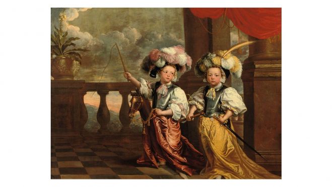 Johanna Vergouwen (Amberes 1630 1714) Un doble retrato de dos chicos de cuerpo entero vestidos de caballeros uno sosteniendo una flaca el otro en un pasatiempo caballo sosteniendo un látigo Johanna Vergouwen (Amberes 1630 1714) Un doble retrato de dos chicos de cuerpo entero vestidos de caballeros uno sosteniendo una flaca el otro en un pasatiempo caballo sosteniendo un látigo