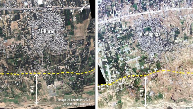 Las imágenes satelitales del 24 de diciembre de 2023 y del 22 de enero de 2024 muestran las áreas donde el ejército israelí destruyó tierras y estructuras en torno a Al-Maghazi y Al-Bureij. Más de 1.300 estructuras resultaron gravemente dañadas o destruidas entre el 26 de noviembre y el 29 de febrero, según datos de UNOSAT. Las imágenes satelitales del 24 de diciembre de 2023 y del 22 de enero de 2024 muestran las áreas donde el ejército israelí destruyó tierras y estructuras en torno a Al-Maghazi y Al-Bureij. Más de 1.300 estructuras resultaron gravemente dañadas o destruidas entre el 26 de noviembre y el 29 de febrero, según datos de UNOSAT.