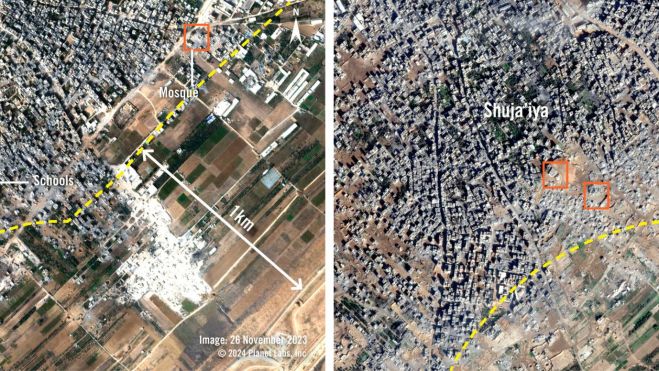 Las imágenes satelitales del 26 de noviembre de 2023 y del 26 de diciembre de 2023 muestran las áreas donde el ejército israelí destruyó tierras y estructuras en Shuja’iya, Gaza. En el área de un kilómetro desde la línea de la valla, que se muestra con una línea discontinua amarilla, se aprecia un terreno prácticamente arrasado y con casi todas las estructuras demolidas. La destrucción continúa más allá de la zona de 1 kilómetro, hasta 430 metros más en el interior de Shuja’iya. Las imágenes satelitales del 26 de noviembre de 2023 y del 26 de diciembre de 2023 muestran las áreas donde el ejército israelí destruyó tierras y estructuras en Shuja’iya, Gaza. En el área de un kilómetro desde la línea de la valla, que se muestra con una línea discontinua amarilla, se aprecia un terreno prácticamente arrasado y con casi todas las estructuras demolidas. La destrucción continúa más allá de la zona de 1 kilómetro, hasta 430 metros más en el interior de Shuja’iya.