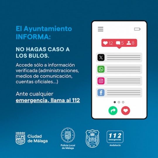 Mensaje del Ayuntamiento de Málaga contra los bulos relacionados con la DANA. Mensaje del Ayuntamiento de Málaga contra los bulos relacionados con la DANA.