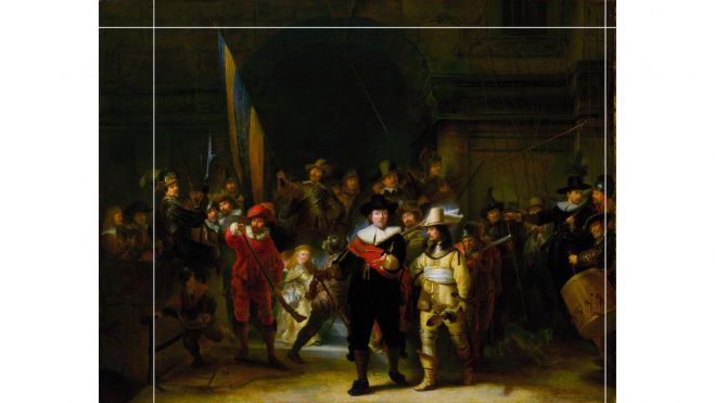 Copia de La ronda de noche anterior a la mutilación del lienzo en 1715, donde se puede observar sus dimensiones originales. Copia de La ronda de noche anterior a la mutilación del lienzo en 1715, donde se puede observar sus dimensiones originales.