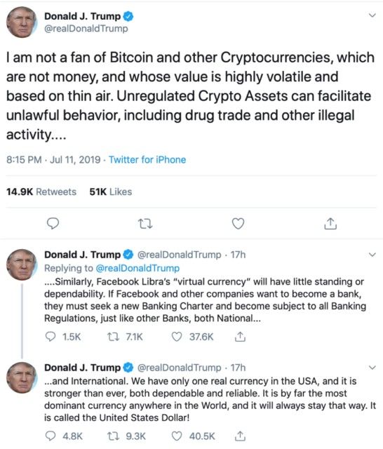 Tuit de Donald Trump donde reniega de las criptomonedas Tuit de Donald Trump donde reniega de las criptomonedas