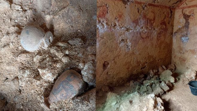 Dos pomadas de corno etrusco se reunieron en la tumba, pero perteneciente al atuendo de la sala superior más antigua, a principios del siglo VI a.C. (SABAP VT EM) Dos pomadas de corno etrusco se reunieron en la tumba, pero perteneciente al atuendo de la sala superior más antigua, a principios del siglo VI a.C. (SABAP VT EM)