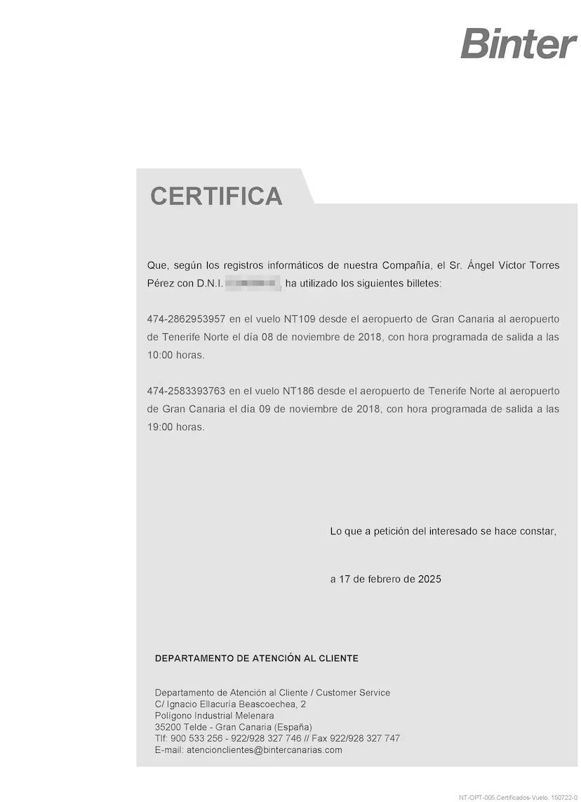 Justificante vuelo de Ángel Víctor Torres Justificante vuelo de Ángel Víctor Torres