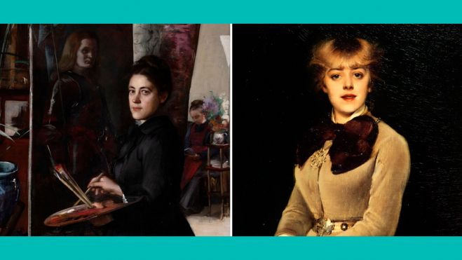 IZQUIERDA: Ottilie Roederstein, Madeleine Smith en el caballete (Pintura de Juana de Arco), alrededor de 1890, óleo sobre lienzo. Nogent-sur-Marne, Fondation des Artistes, legado de Smith-Champion, 1944 © Raphaële Kriegel-Fondation des Artistes; DERECHA:Louise Abbema, Retrato de Jeanne Samary (1857-1890), miembro de la Comédie Française, alrededor de 1879, óleo sobre lienzo. París, Museo Carnavalet - Historia de París © Paris Musées / Musée Carnavalet - Historia de París; IZQUIERDA: Ottilie Roederstein, Madeleine Smith en el caballete (Pintura de Juana de Arco), alrededor de 1890, óleo sobre lienzo. Nogent-sur-Marne, Fondation des Artistes, legado de Smith-Champion, 1944 © Raphaële Kriegel-Fondation des Artistes; DERECHA:Louise Abbema, Retrato de Jeanne Samary (1857-1890), miembro de la Comédie Française, alrededor de 1879, óleo sobre lienzo. París, Museo Carnavalet - Historia de París © Paris Musées / Musée Carnavalet - Historia de París;