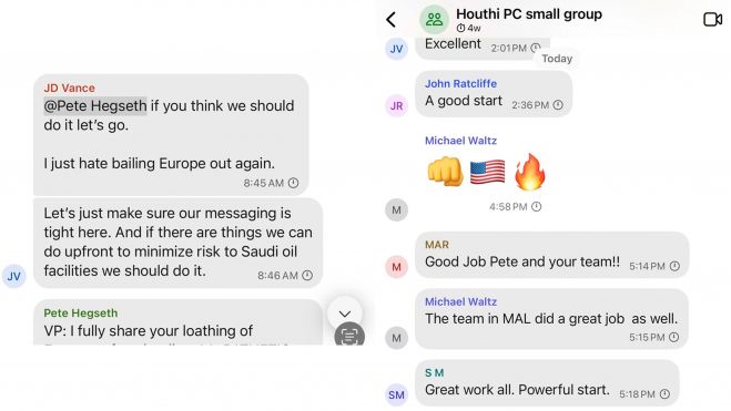 Capturas de pantalla del chat en el que debatían los planes de guerra de EEUU en Yemen, donde se puede leer la intervención del vicepresidente JD Vance