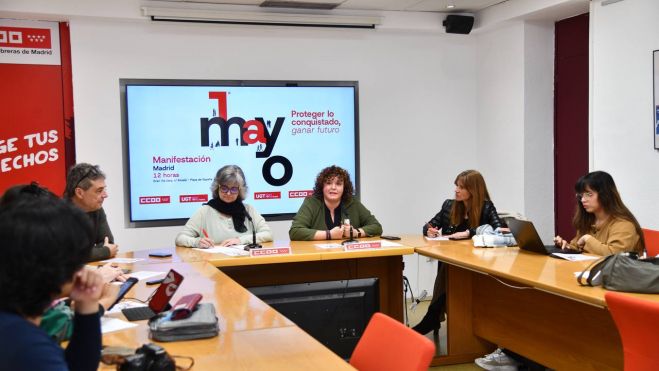 Rueda de prensa del primero de mayo de las secretarias generales de CCOO Madrid, y de UGT Madrid, Paloma López y Susana Huertas, foto Agustín Millán Rueda de prensa del primero de mayo de las secretarias generales de CCOO Madrid, y de UGT Madrid, Paloma López y Susana Huertas, foto Agustín Millán