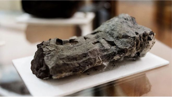 A Herculaneum scroll, burnt and encased in volcanic material, on display at the National Library in Naples.Credit Salvatore Laporta AP via Alamy A Herculaneum scroll, burnt and encased in volcanic material, on display at the National Library in Naples.Credit Salvatore Laporta AP via Alamy