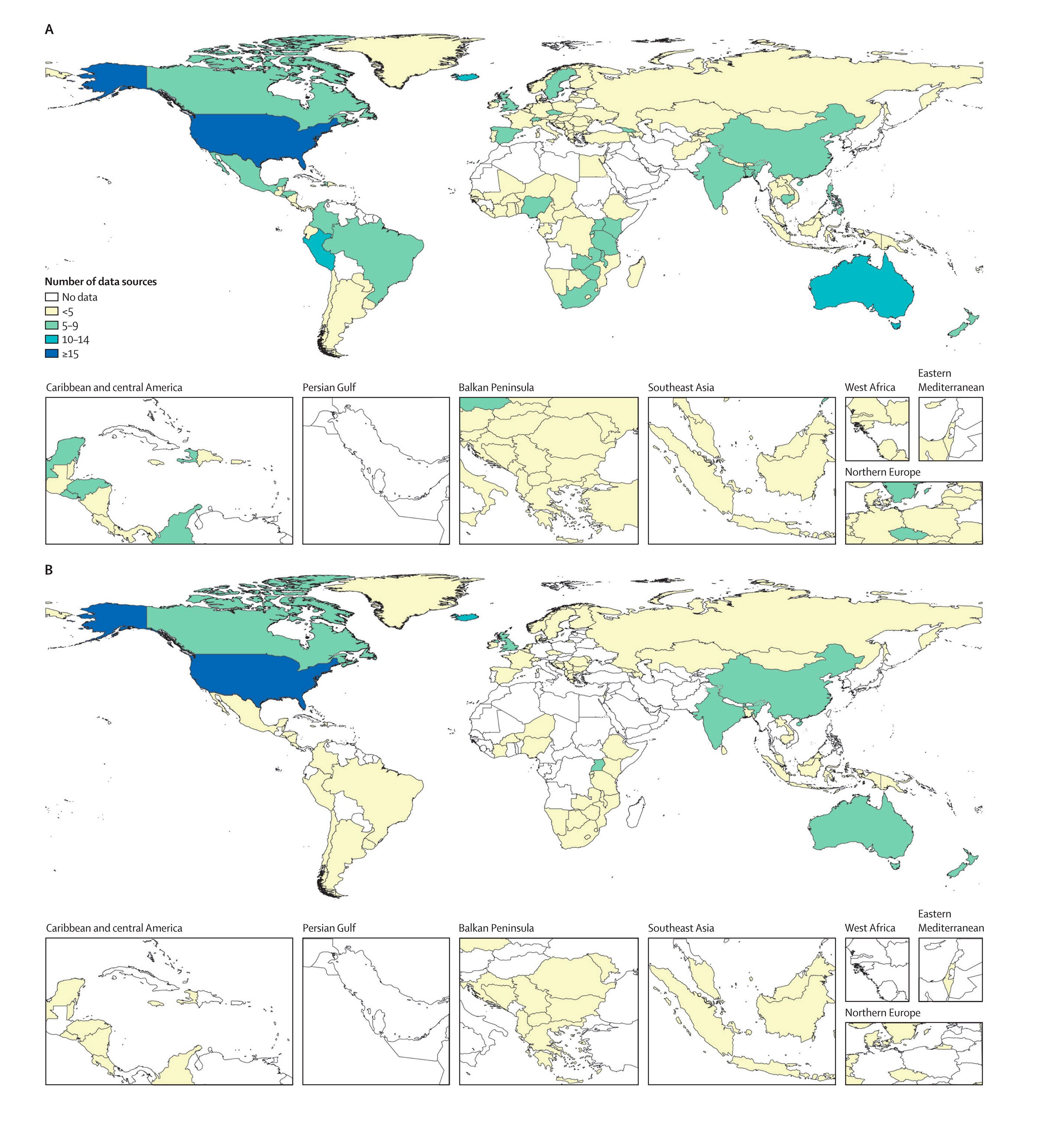 Figura 1. Número de fuentes de datos sobre violencia sexual contra niños para mujeres (A) y hombres (B); año más reciente de datos para mujeres (C) y hombres (D)