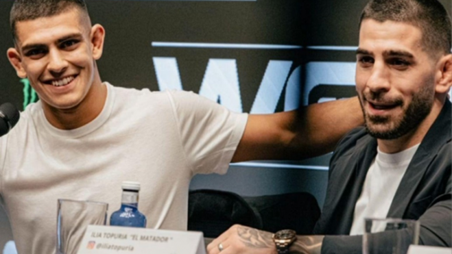 Yaman el diamante,futuriblecampeón del mundo y candidato al fichajepor la MMA, disputará el campeonato de España el 7 de Junio en Madrid.En rueda de prensa con el campeón Ilia Topuria. Foto WOW