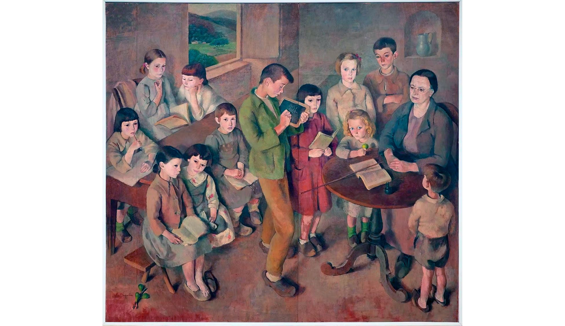 Julia Minguillón, Escuela de Doloriñas, c. 1941. Óleo sobre tabla, 197 x 220 cm. Colección MNCARS, en dep. en el Museo Provincial de Lugo.