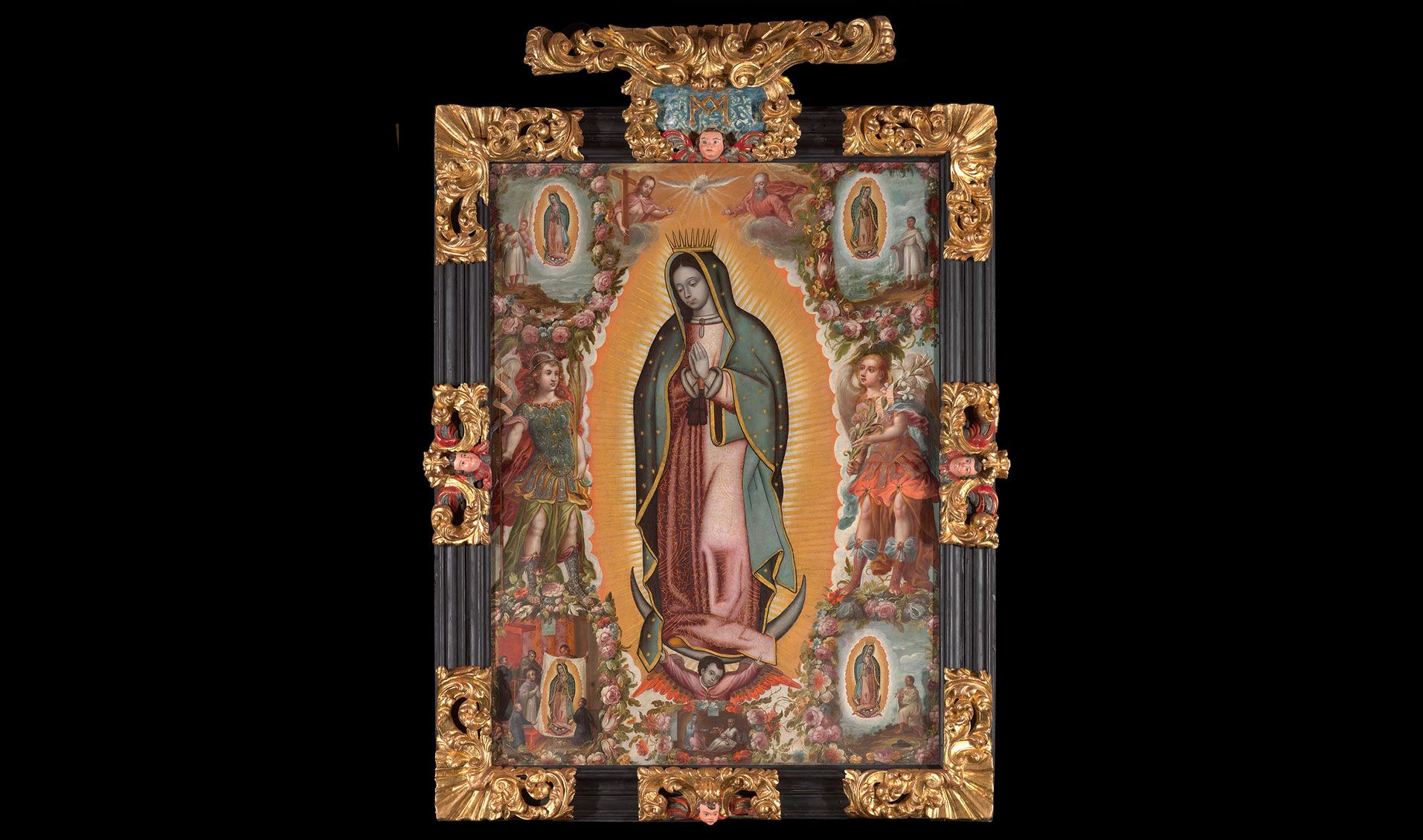 Virgen de Guadalupe con las cinco apariciones y los arcángeles Miguel y Gabriel Atribuido a Juan Correa (h. 1646 1716) h. 1700 16 Óleo sobre lienzoVillalón de Campos (Valladolid), parroquia de san Miguel Arcángel