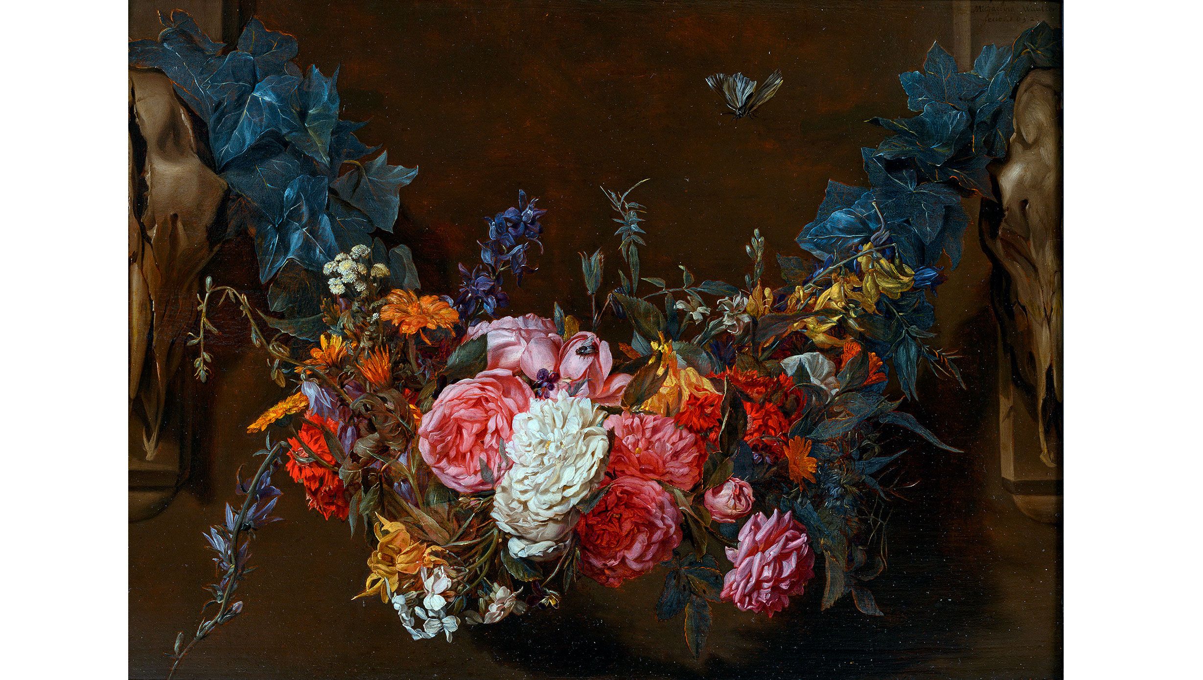 Michaelina Wautier Blumengirlande mit einem Schmetterling 1652 Öl auf Holz, 41,1 × 57,4 cm Het Noordbrabants Museum, ’s-Hertogenbosch (Niederlande), Dauerleihgabe aus Privatsammlung Foto: Peter Cox