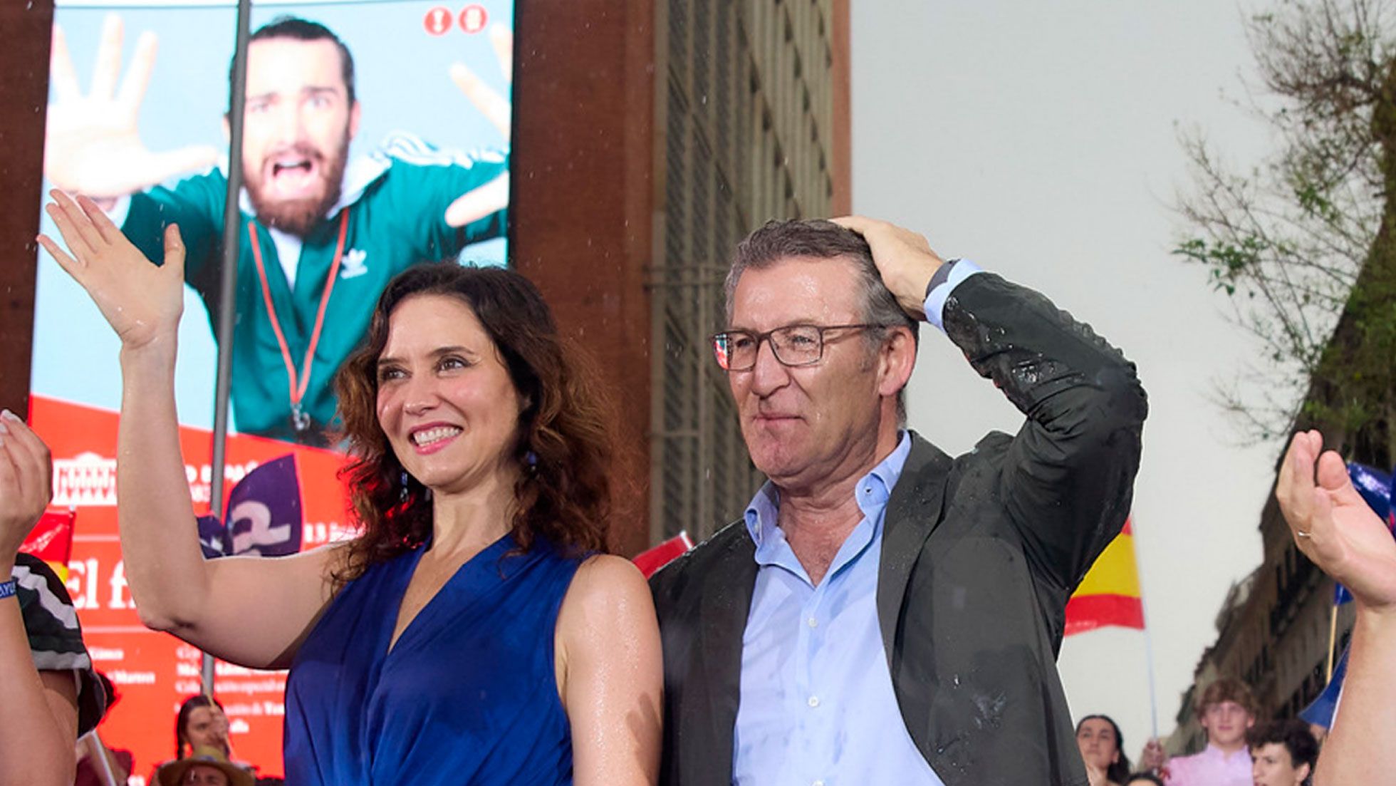 Alberto Núñez Feijóo e Isabel Díaz Ayuso en el acto en Callao, foto PP Madrid