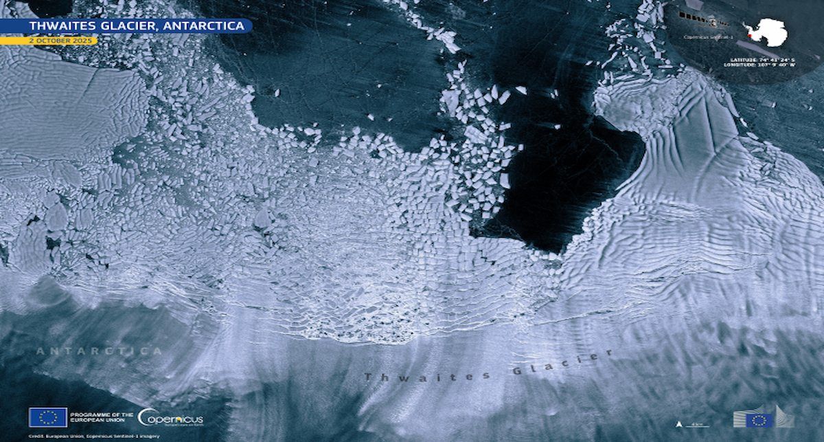 Esta animación muestra el glaciar Thwaites en la Antártida desde enero de 2023 hasta el 20 de septiembre de 2025. | Foto: Unión Europea, Copernicus Sentinel-1.