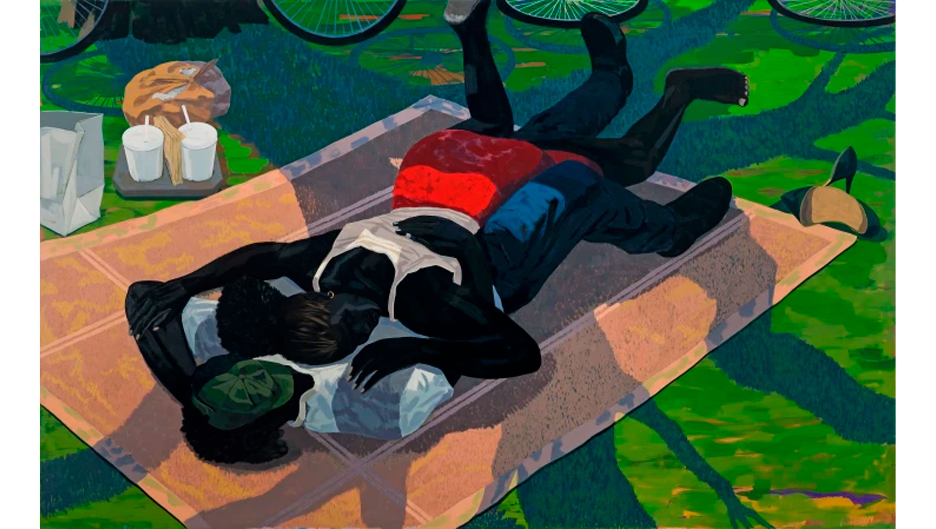 Kerry James Marshall. Untitled (Blanket Couple), 2014, Acrylic on PVC panel, in artist's frame. 150.2 x 242.5 cm. Fredriksen Family Art Collection. © Kerry James Marshall. Image courtesy of the artist and David Zwirner, London