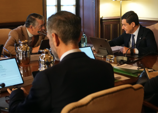 Moreno Bonilla habla con el consejero de Sanidad, Antonio Sanz, durante el último Consejo de Gobierno de la Junta.