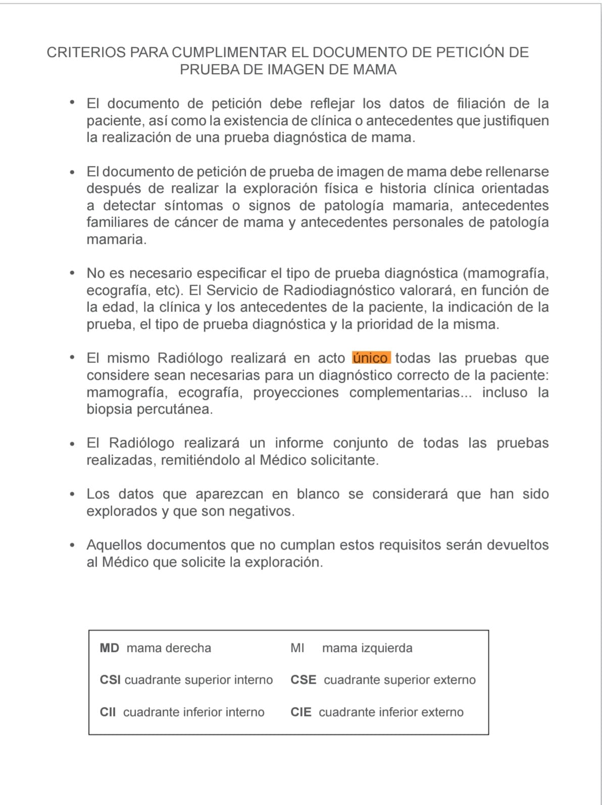 Documento sobre el protocolo de petición de prueba de imagen de mama