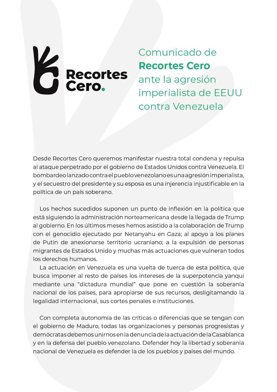 Comunicado de Recortes Cero ante la agresión imperialista de Estados Unidos contra Venezuela
