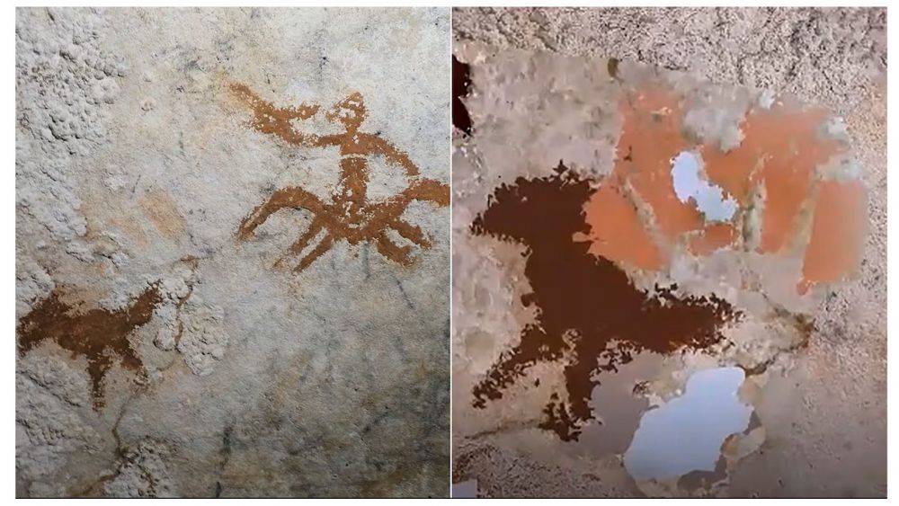 A la izquierda, una fotografía de la mano silueteada, situada entre las dos pinturas color ocre. A la derecha, la misma imagen retocada para destacar la pintura