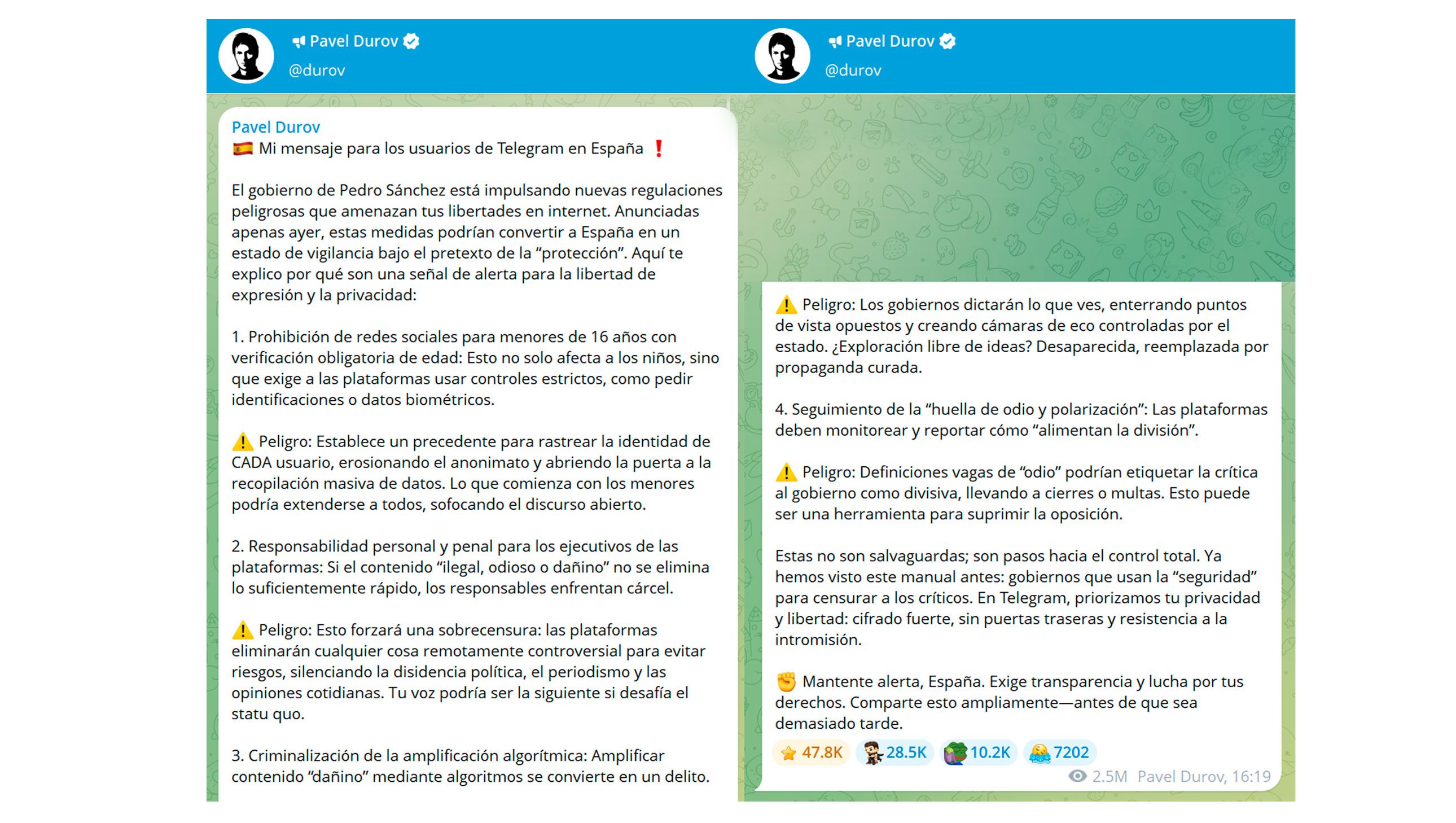 Mensaje masivo del dueño de Telegram contra Sánchez