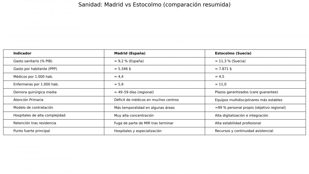 Tabla Madrid vs Estocolmo en sanidad pública