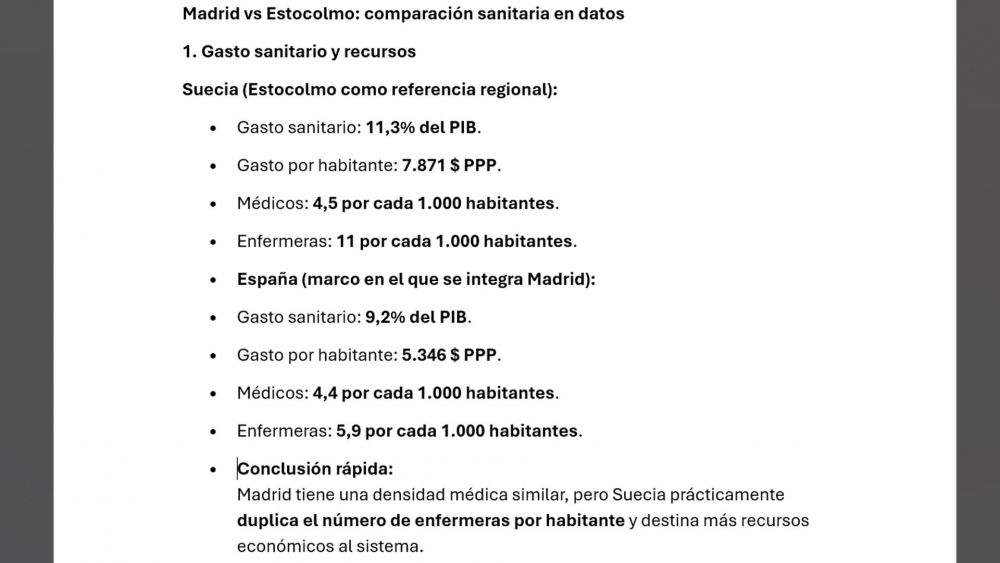 Tabla Madrid vs Estocolmo en sanidad pública