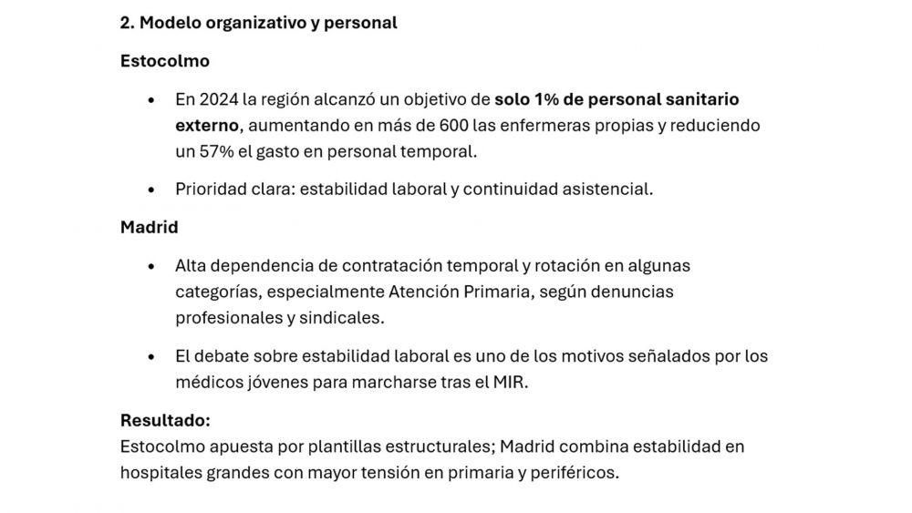 Tabla Madrid vs Estocolmo en sanidad pública