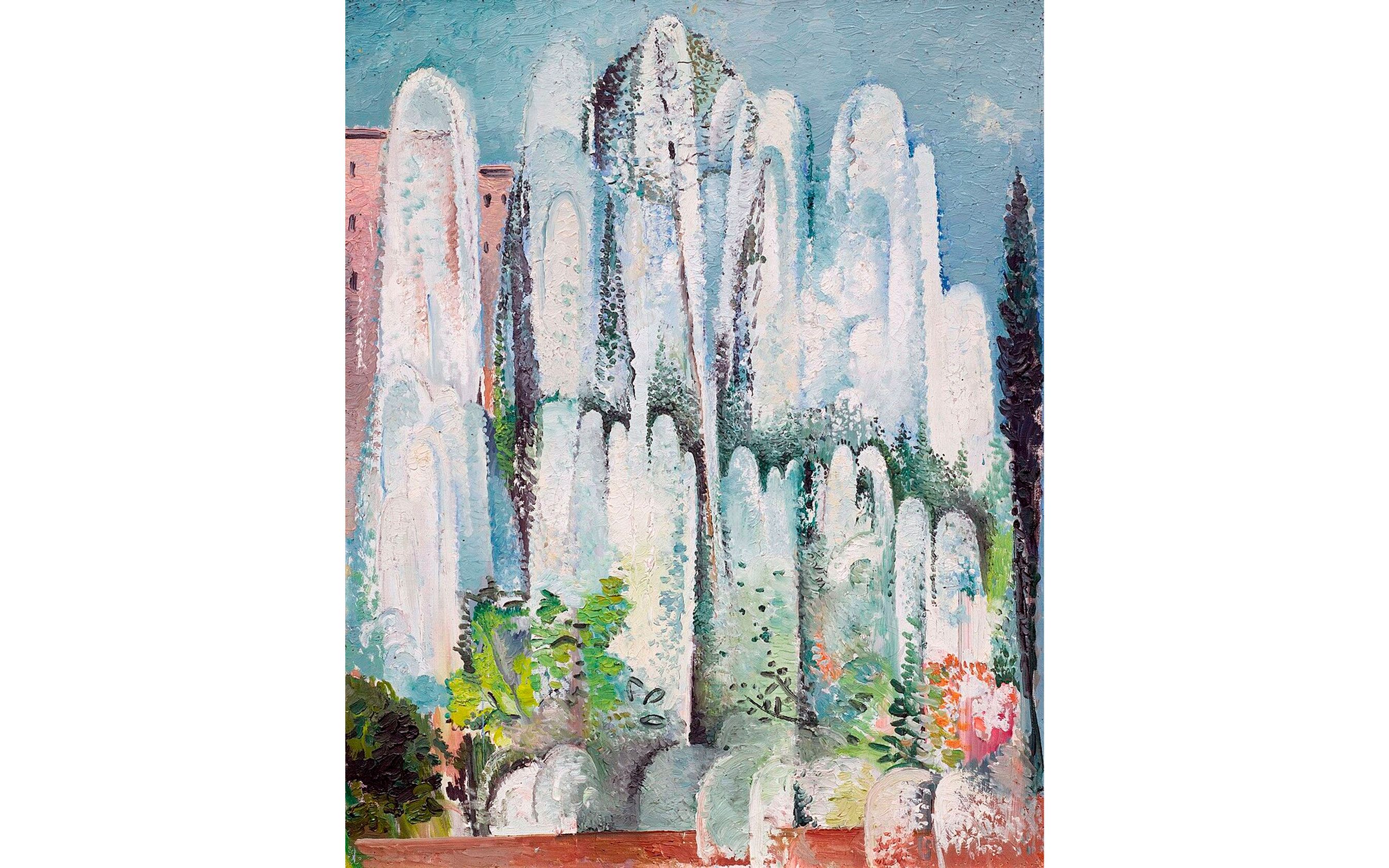 Fontaine dans un jardin de Rome. Öl auf Leinwand. 72,8 x 60,2 cm. Rückseitig auf der Leinwand bezeichnet Fontaine dans un jardin de Rome, d'Alice Bailly 1872 1938.