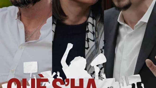 Cartel del acto de Gabriel Rufián, Irene Montero y Xavier Domènech en Barcelona del próximo 9 de abril.