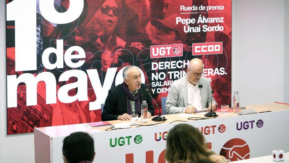 Rueda de prensa 1 de mayo 2026 Pepe Álvarez, UGT y Unai Sordo, CCOO, foto Agustín Millán