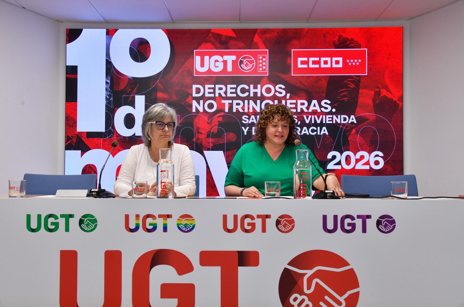 La secretaria general de UGT Madrid, Susana Huertas Moya, compareció junto a la secretaria general de CCOO de Madrid, Paloma López, en la rueda de prensa previa al Primero de Mayo, foto Agustín Millán