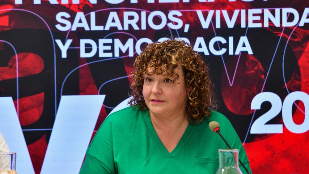 La secretaria general de UGT Madrid, Susana Huertas Moya, compareció en rueda de prensa previa al Primero de Mayo, foto Agustín Millán