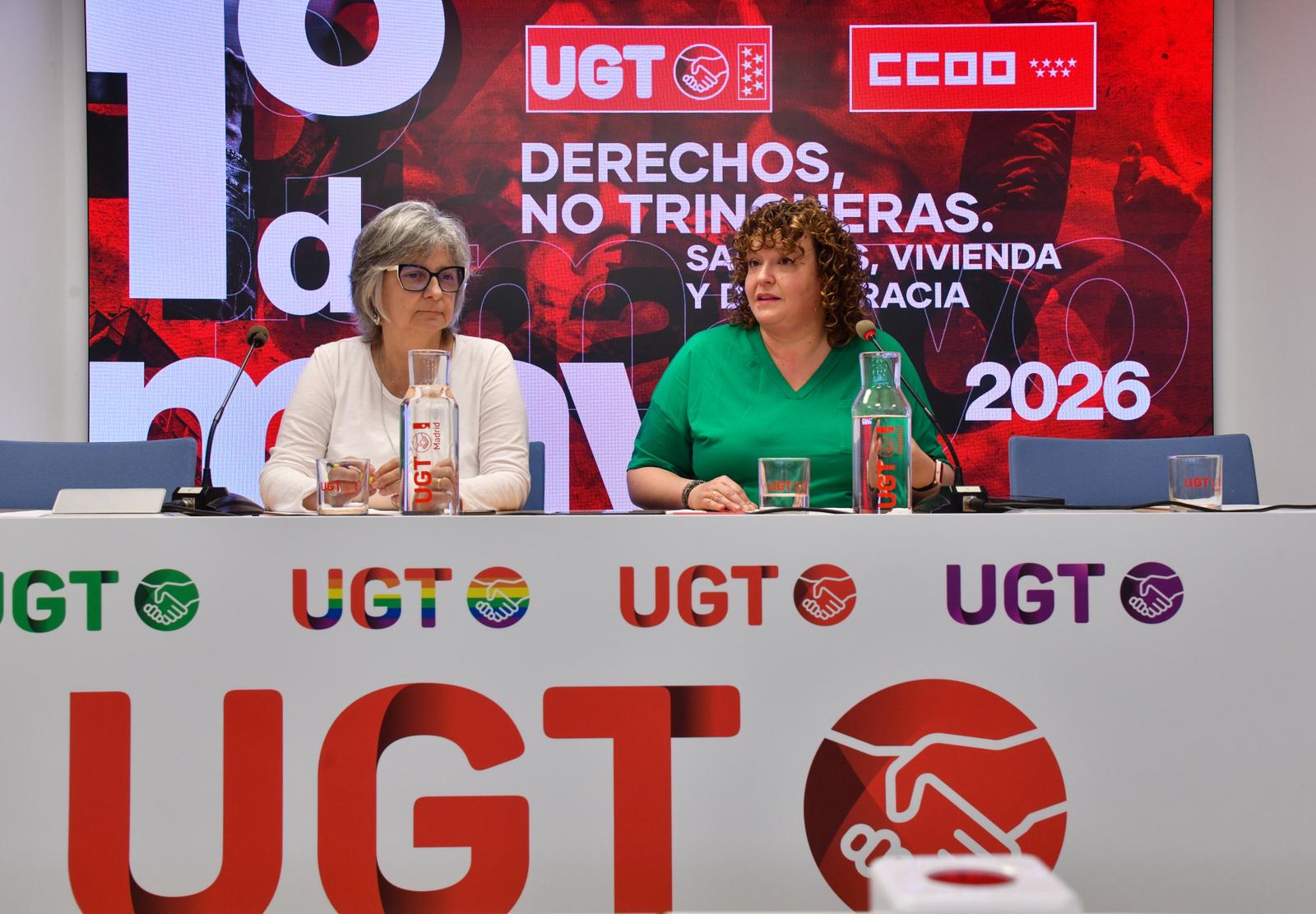 La secretaria general de UGT Madrid, Susana Huertas Moya, compareció junto a la secretaria general de CCOO de Madrid, Paloma López, en la rueda de prensa previa al Primero de Mayo, foto Agustín Millán