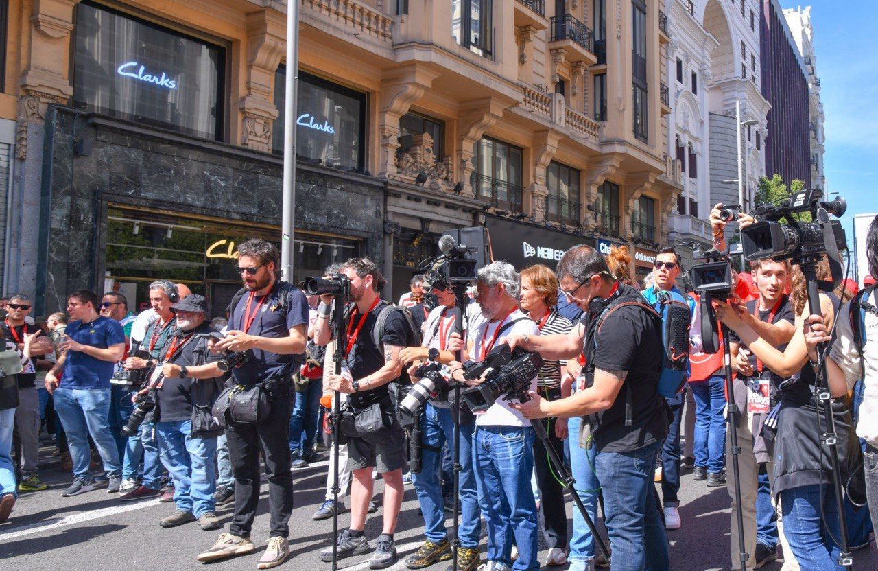 Periodistas en la manifestación del 1º de mayo en Madrid, foto Agustín Millán