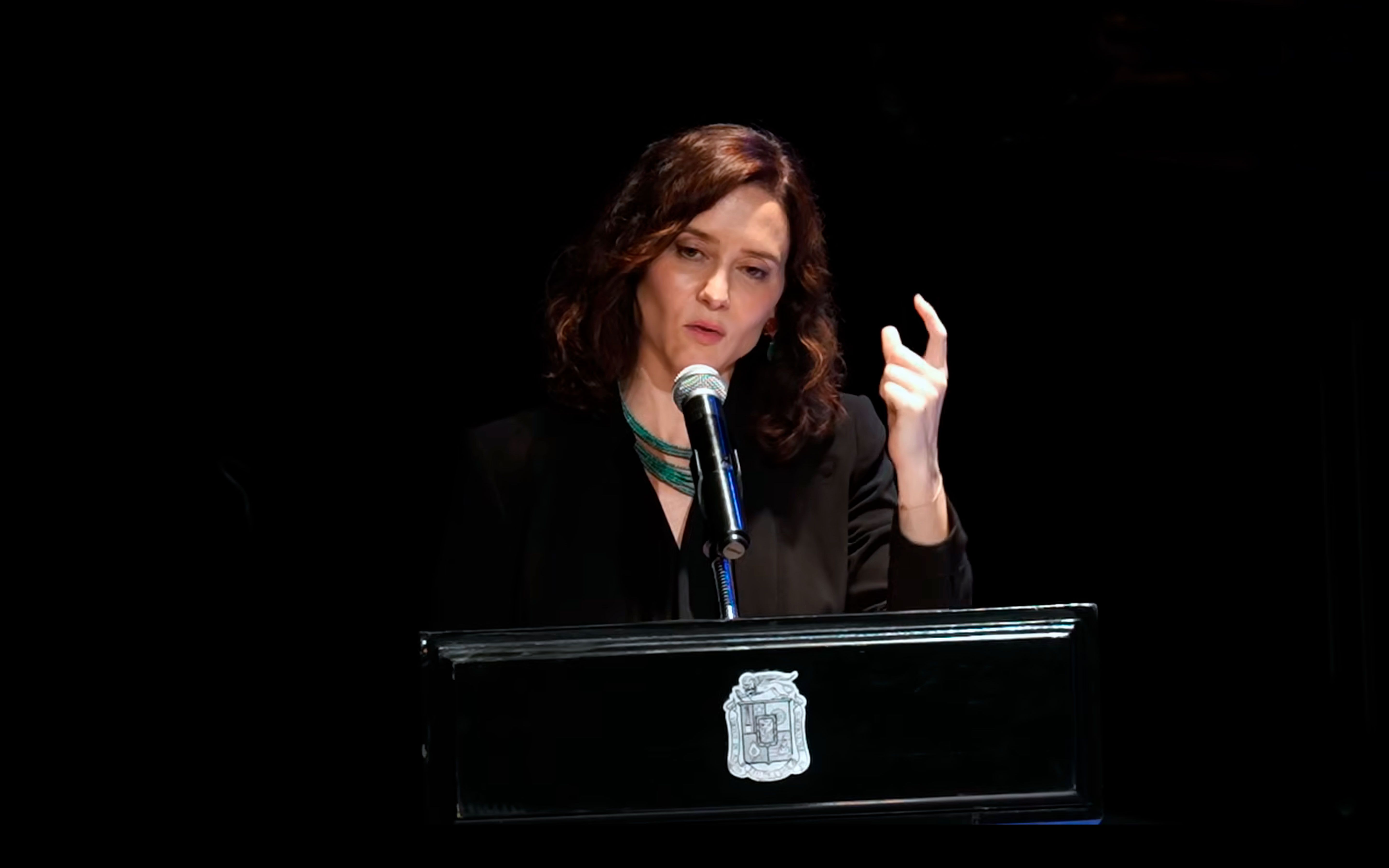 Isabel Díaz Ayuso, hoy, en el Congreso del Estado de Aguascalientes (México), donde ha recibido la Medalla de la Libertad