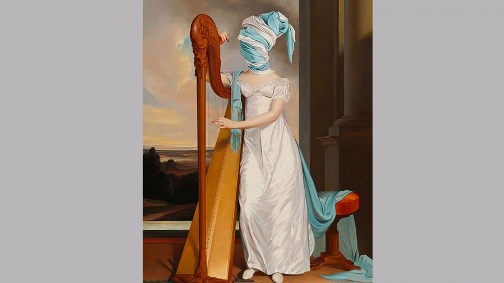 Ewa Juszkiewicz The Harpist (after Thomas Sully), 2023 Óleo sobre lienzo, 260 × 173 cm Colección privada