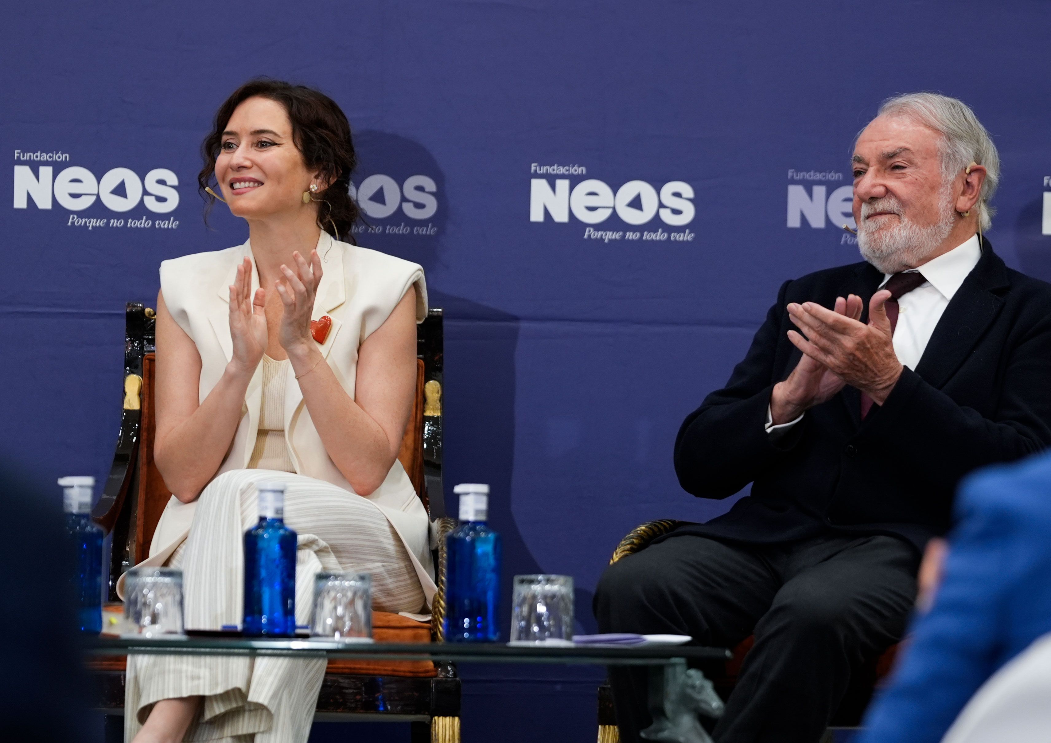 La presidenta de la Comunidad de Madrid, Isabel Díaz Ayuso, hoy, en el coloquio con el ex ministro Jaime Mayor Oreja Frente Popular o España. Fundamentos para la alternativa