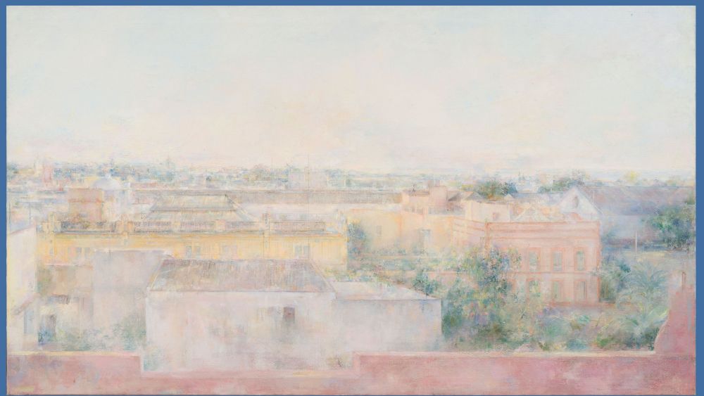 Carmen Laffón, Sanlúcar de Barrameda, 1977 1978 Óleo sobre lienzo, 114 × 200 cm. Colección privada. © Carmen Laffón, VEGAP, Madrid, 2026. Fotografía Museo Nacional Thyssen Bornemisza Claudia Ihrek