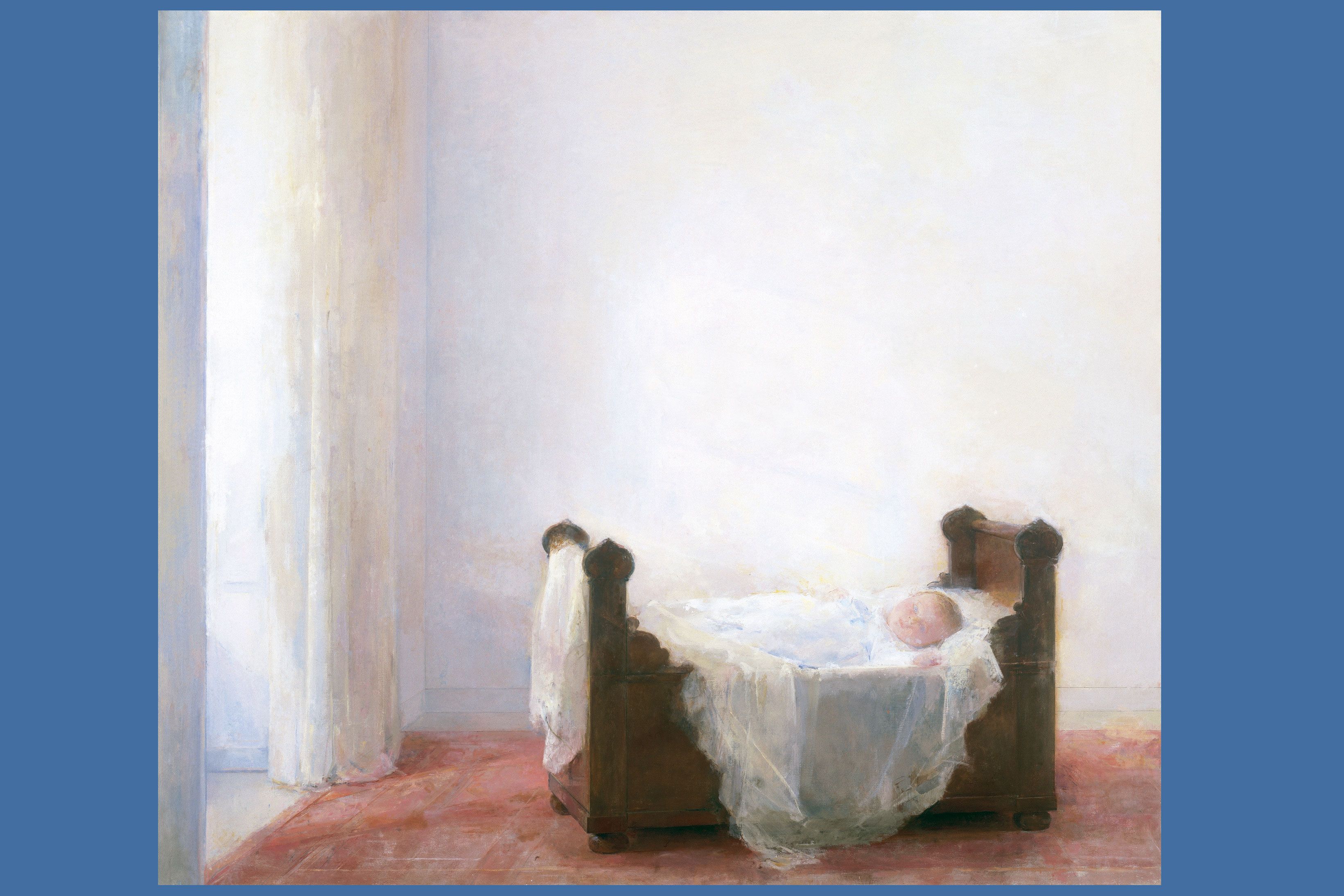 Carmen Laffón, Inés Laffón en la cuna, 1995 Óleo sobre lienzo, 170 × 195,5 cm. Colección privada. © Carmen Laffón, VEGAP, Madrid, 2026. Fotografía Claudio del Campo