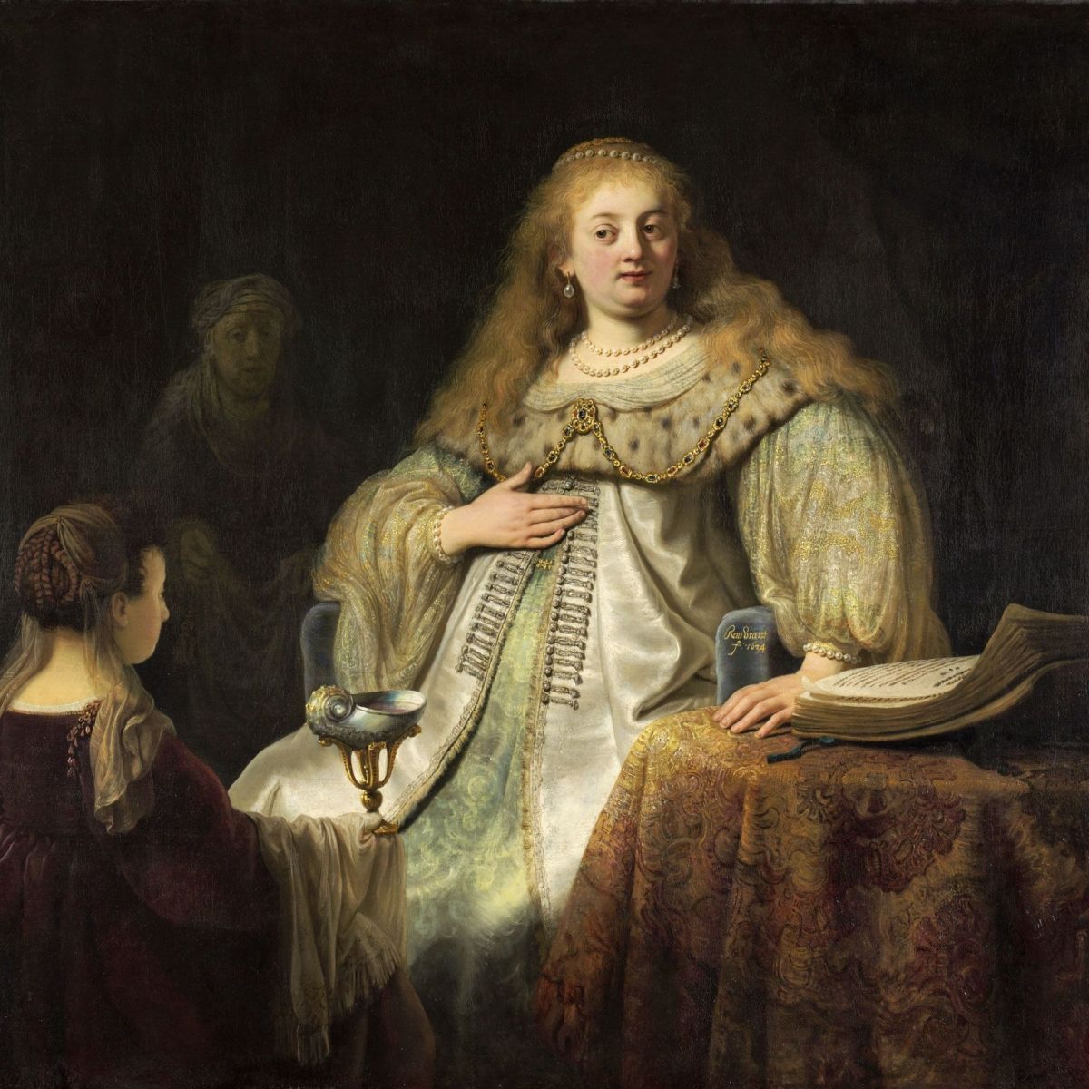Judit en el banquete de Holofernes, Rembrandt 1634. Óleo sobre lienzo, 143 x 154,7 cm, Museo del Prado