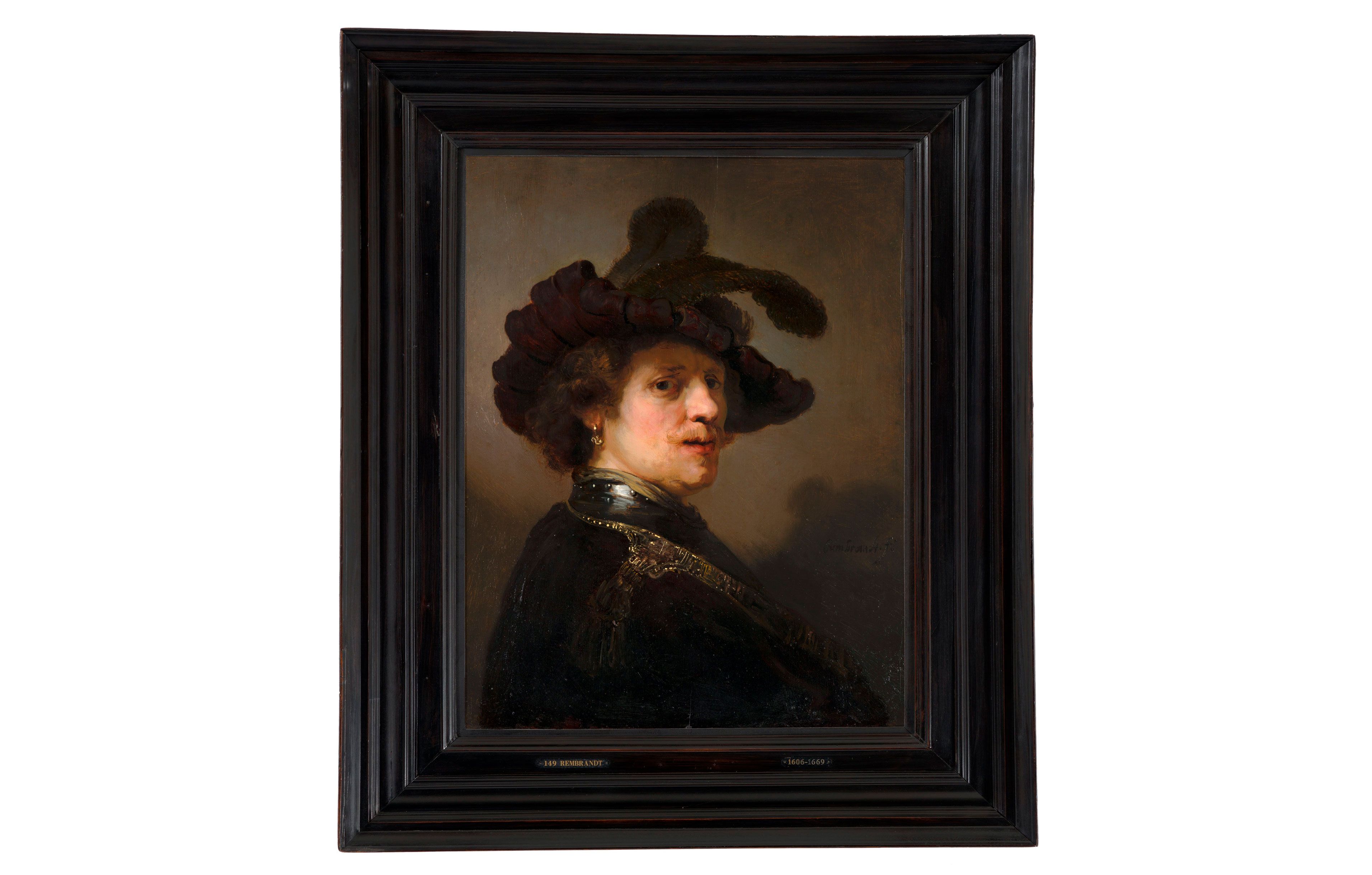 Rembrandt van Rijn “Tronie” de un hombre con una gorra con plumas, hacia 1635- 1640 (‘Tronie’ of a Man with a Feathered Beret) Óleo sobre tabla, 62,5 × 47 cm La Haya, Mauritshuis