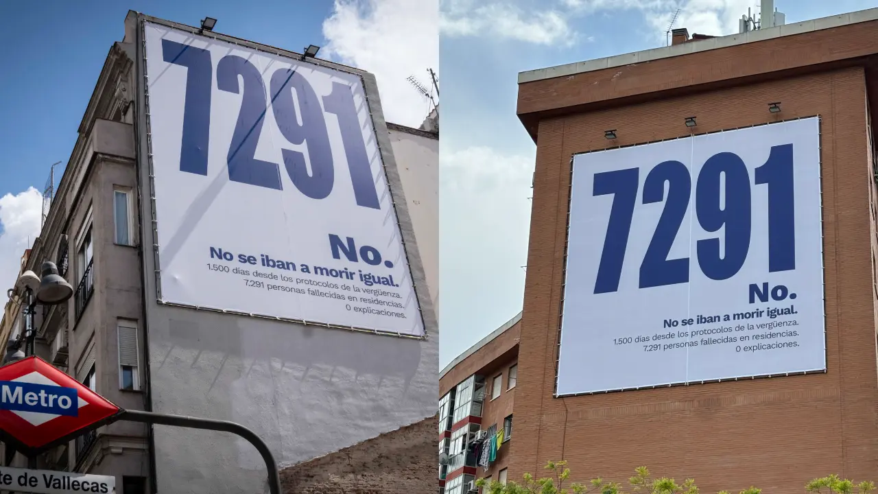 Lonas de Más Madrid recordando las muertes en residencias durante la pandemia en el Gobierno de Ayuso.