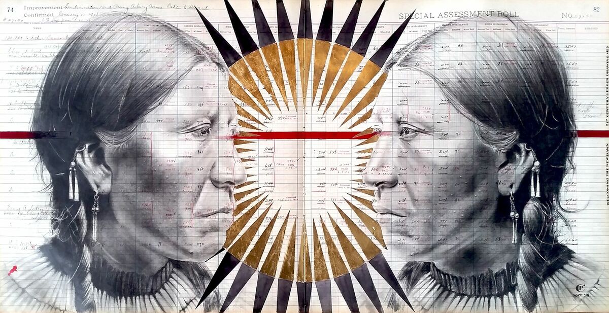 “Welcoming the New Dawn,” medios mixtos sobre libro de contabilidad municipal de Evanston, 45 x 91 centímetros, 2018