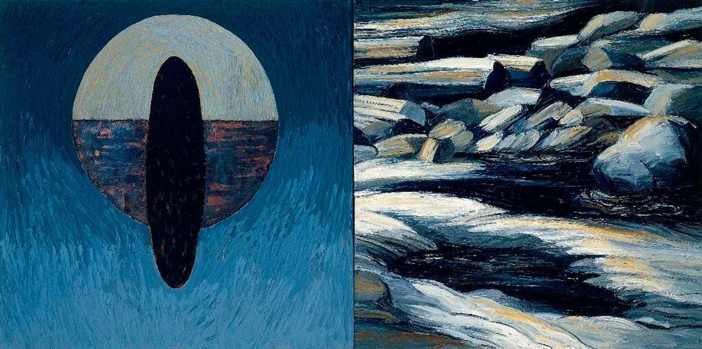Kay WalkingStick, “Night/ᎤᎡᎢ (Usvi)” (1991), oil, acrylic, wax, and copper on canvas, 36.25 x 72.25 x 2 in (courtesy the Montclair Art Museum, purchased with funds provided by Alberta Stout)