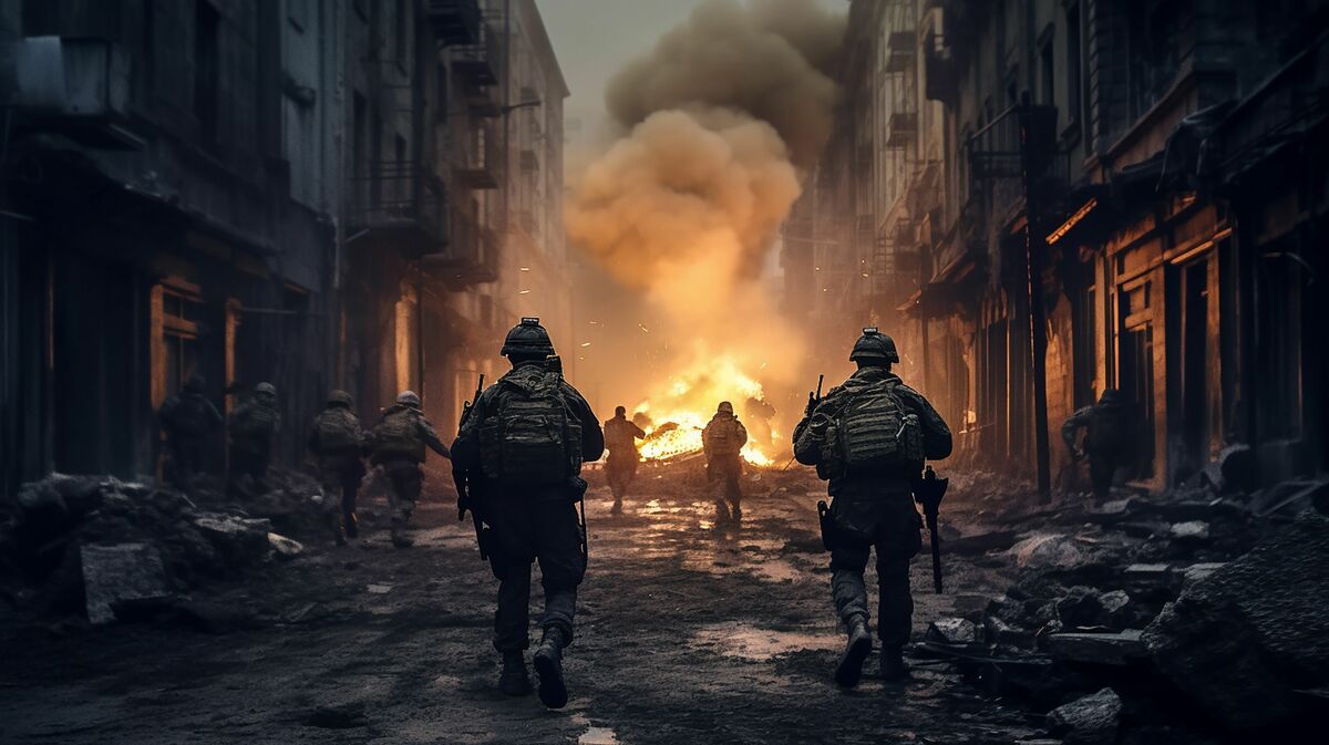 Generative AI soldiers walking down the street of a city in ruin
