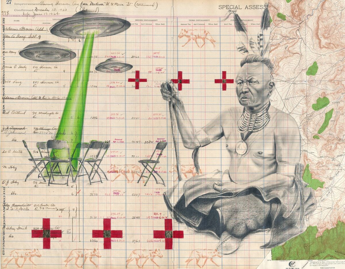 “See Haw Thwarts and Alien Invasion from the West”, medios mixtos sobre libro de contabilidad municipal de Evanston, 46 x 28 centímetros, 2019